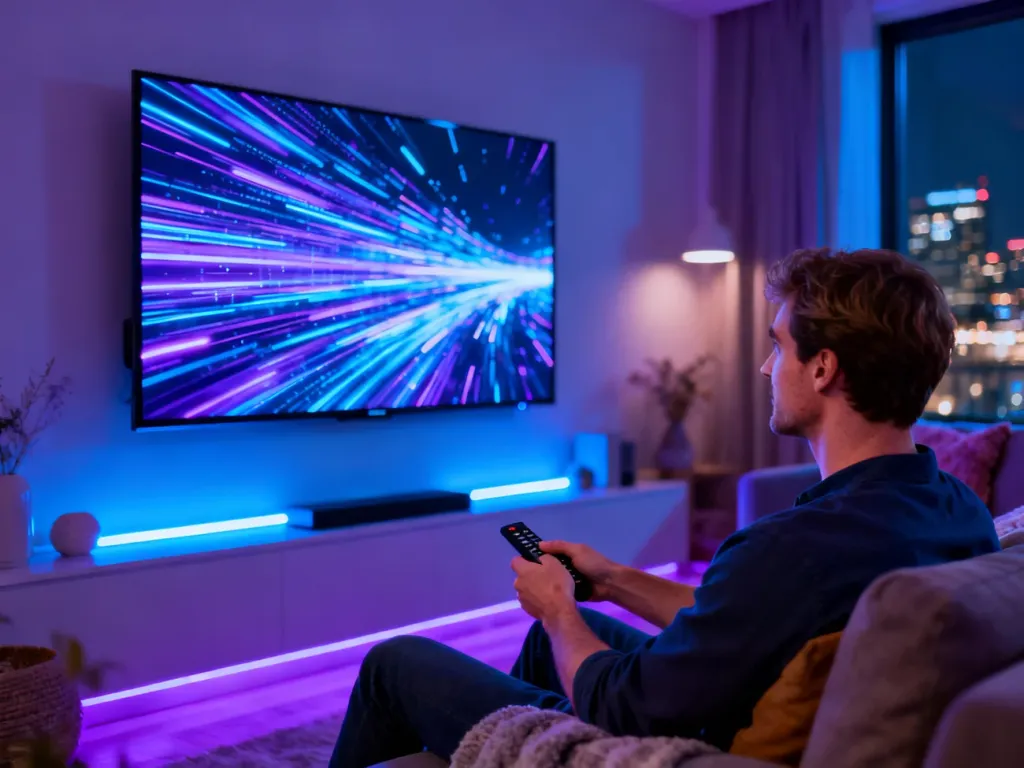 Mężczyzna siedzący na kanapie przed nowoczesnym telewizorem, na którym wyświetlany jest cyfrowy obraz.