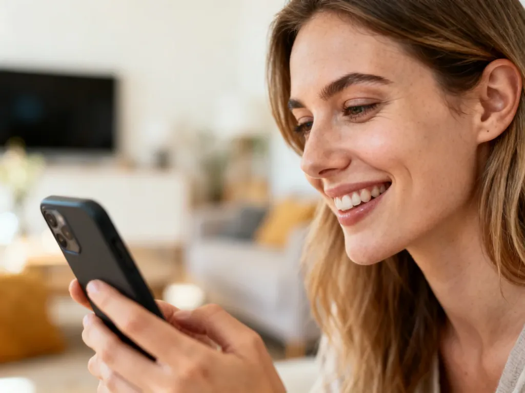 Uśmiechnięta kobieta trzymająca smartfon przed twarzą podczas prowadzenia rozmowy wideo w przytulnym salonie.