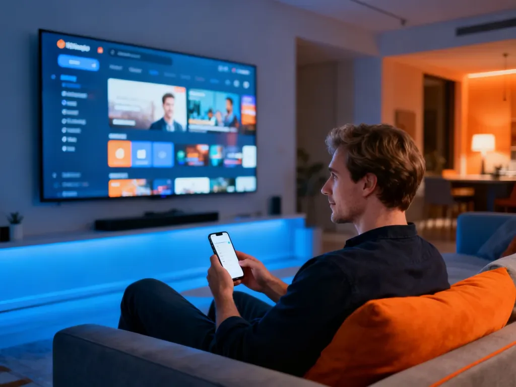 Mężczyzna siedzący na kanapie przesyła obraz z iPhone'a na telewizor za pomocą technologii AirPlay w nowoczesnym salonie.