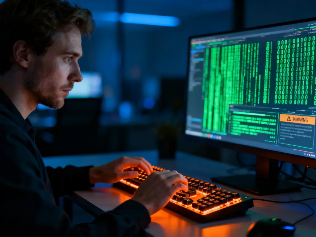 Mężczyzna piszący na podświetlanej klawiaturze w otoczeniu cyfrowych kodów, symbolizujący zagrożenie atakiem typu keylogger.