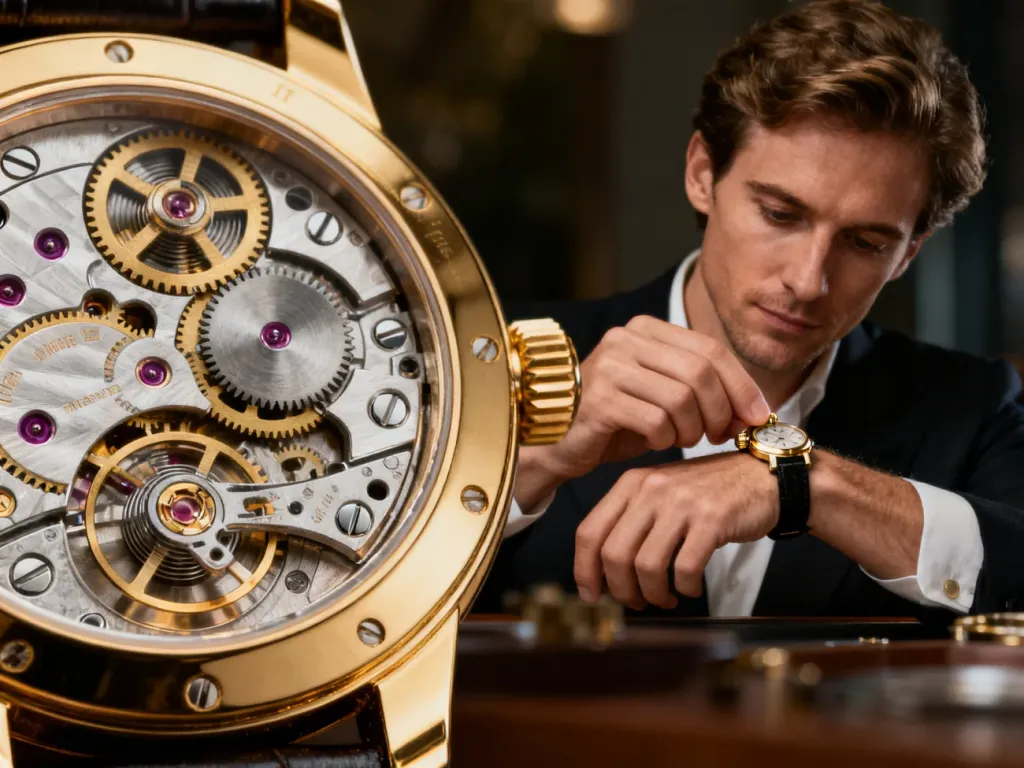 Złoty mechanizm luksusowego zegarka z widocznymi trybami i sprężynami, w tle elegancki mężczyzna ustawiający koronkę.