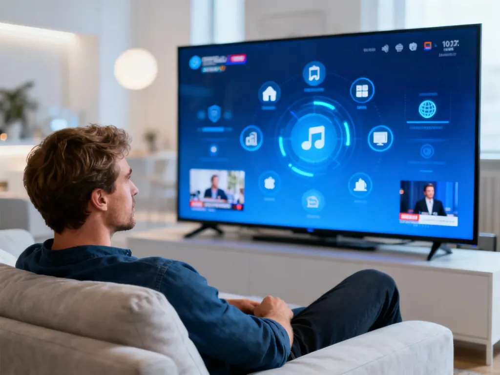 Mężczyzna siedzący na kanapie przed telewizorem z wyświetlonymi interaktywnymi ikonami usług HbbTV.