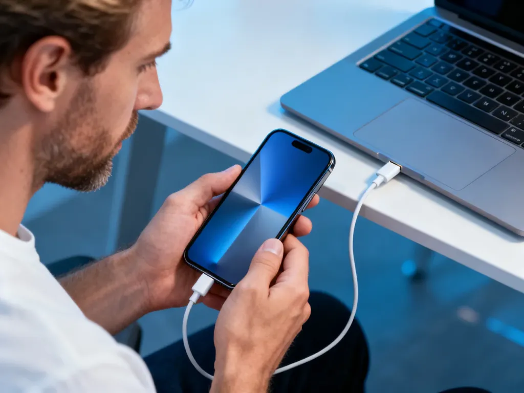 Mężczyzna podłącza smartfon do laptopa za pomocą kabla USB w celu nawiązania połączenia w trybie Fastboot.