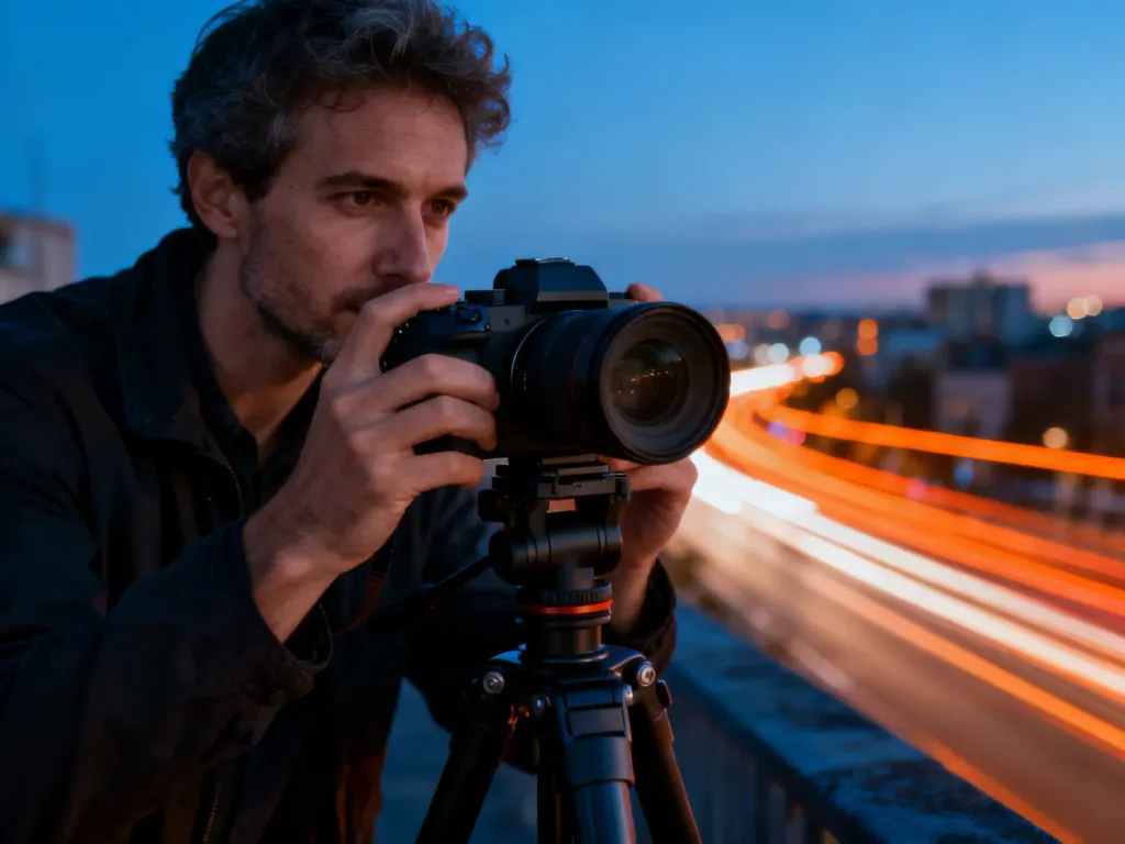Fotograf z aparatem na statywie przygotowujący się do wykonania nagrania typu hyperlapse na tle miejskich świateł.
